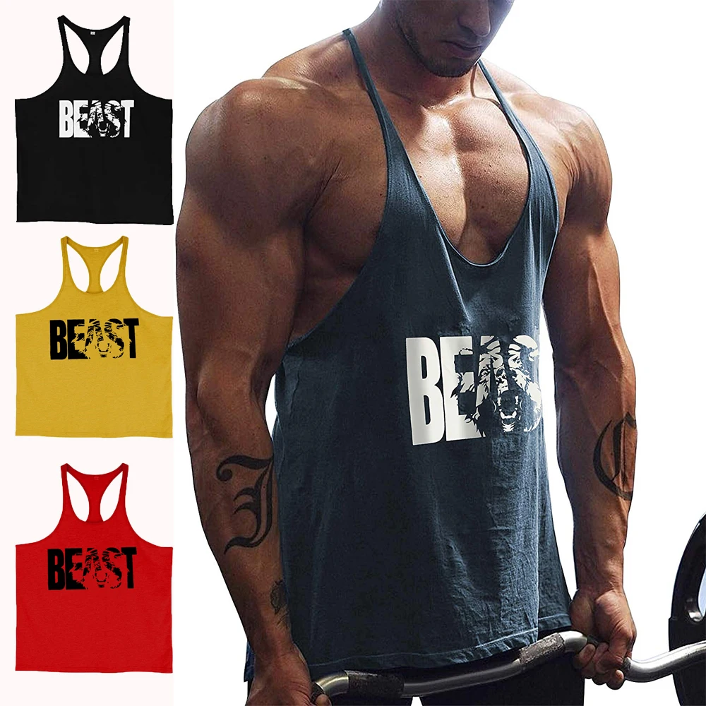 Men\'s Gym Workout Bodybuilding Printed Muscle Stringer Extreme Y Back Fitness Tank Tops