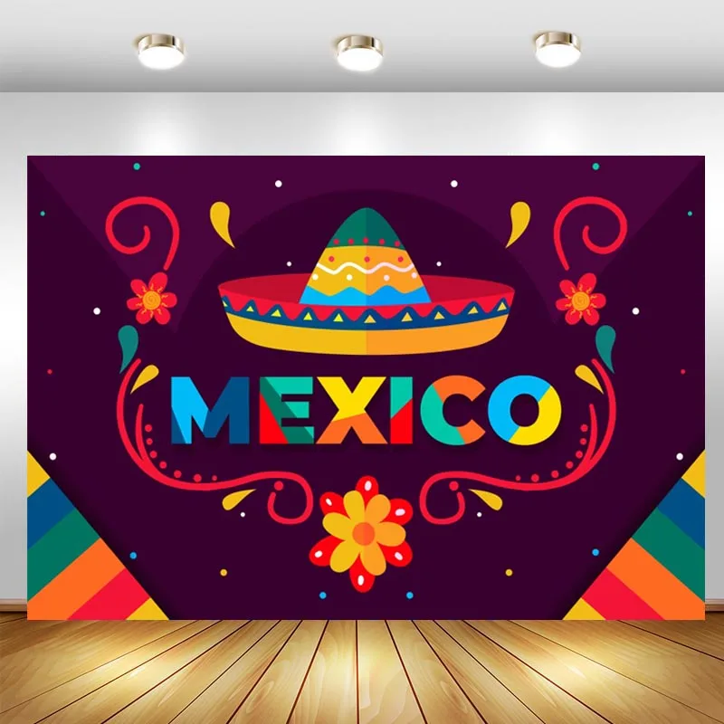 

Mexican Fiesta Backdrops Mexico Hat Floral Birthday Party Photography Background Photographic Photo Studio Prop Decor Banner