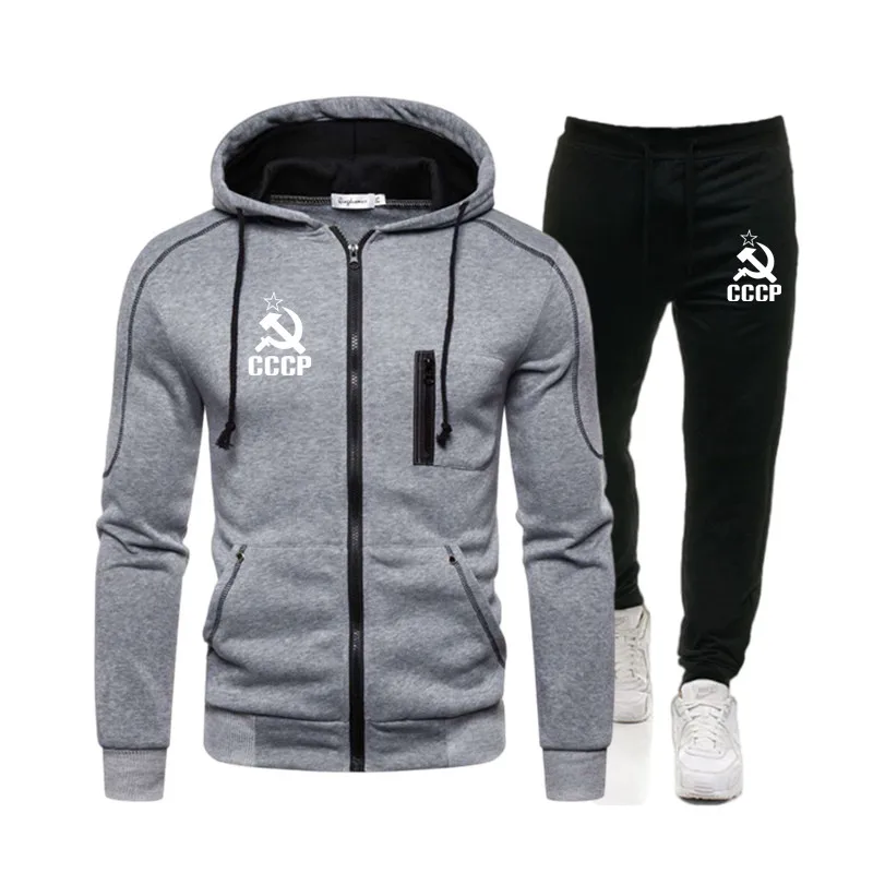 CCCP USSR Sets Tracksuit Men Autumn Winter Running Hooded Sweatshirt Workout set Sportswear 2020 Male Suit Sport Two Piece Set