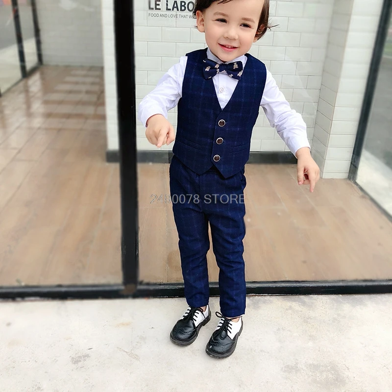 Children Formal Tuxedo Blazer Vest pants 3Pcs Set Flower Boys Wedding Suit Kids Performance Host Dance Party Dress Costume