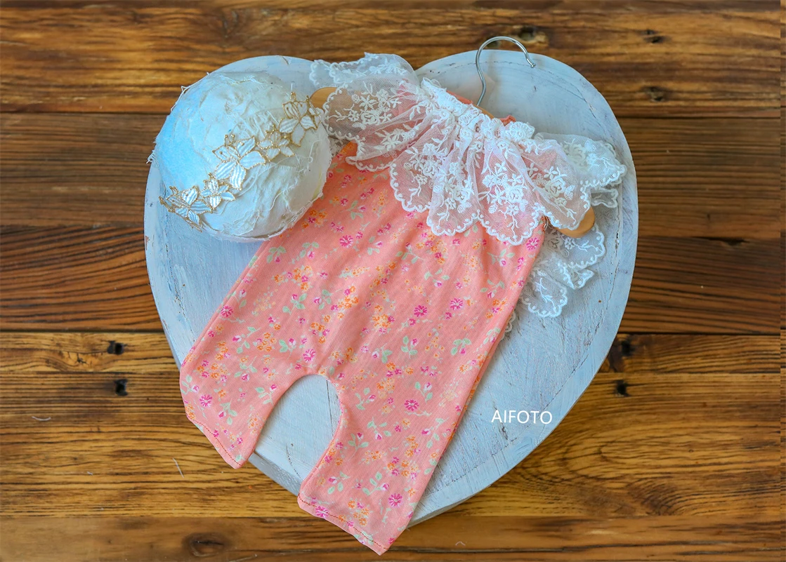 Newborn Photography Props Lace Long Romper Headband Set Photo Shooting Bebe Fisrt Picture Gift Baby Photo Poses for Studio Shop