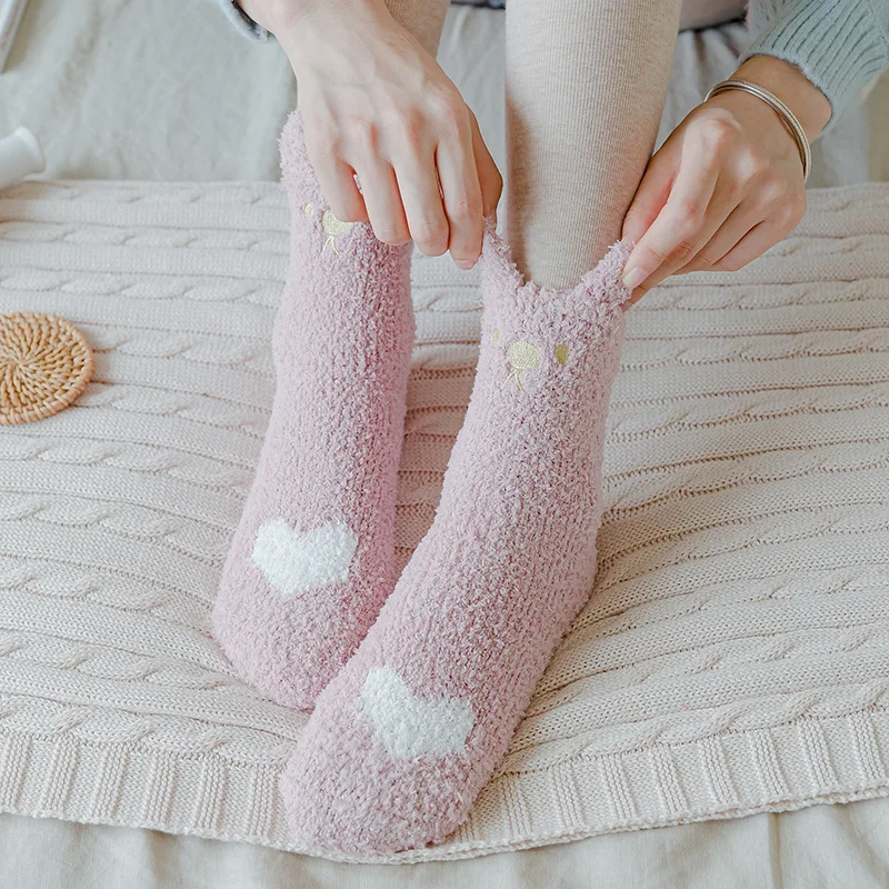 3 Pairs Plush Coral Fleece Women Winter Socks Female Socks Autumn Winter Cat Claws Cute Thick Warm Sleeping Socks