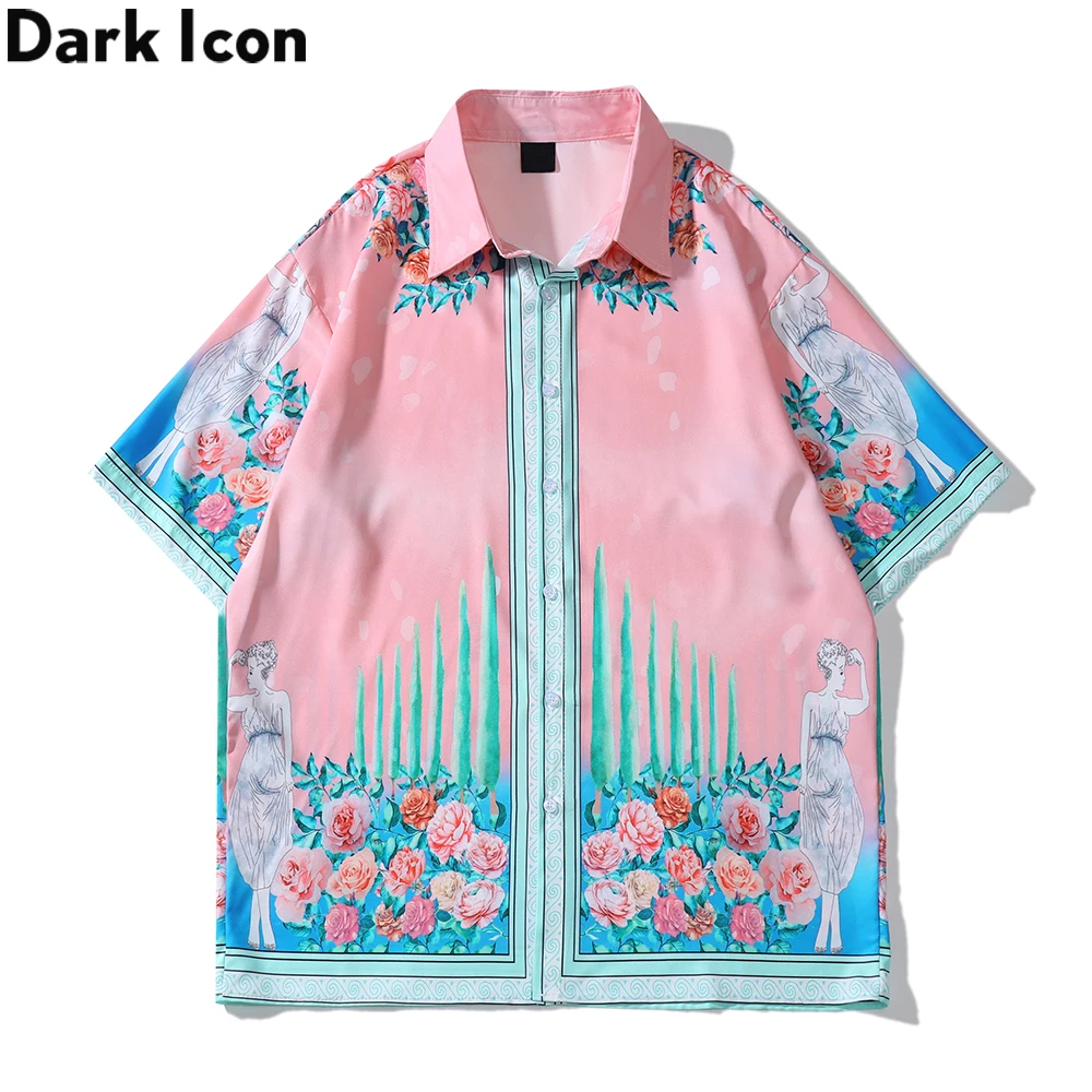 Dark Icon Floral Pink Holiday Beach Shirts and Shorts Women Summer Thin Material Woman Set