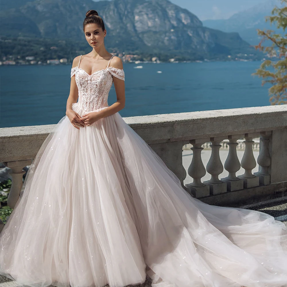 Splendide perle perline pizzo Tulle abiti da sposa Sweep Train Off spalline Lace Up Custom Made Princess Vestido De Novia