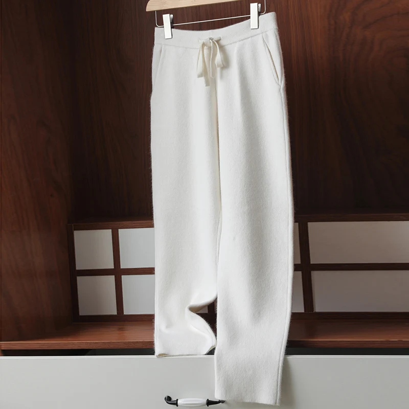 

ATTYYWS-Mink Cashmere Long Pants for Ladies, Monochrome Knitted Pants, All-match Trend, Autumn and Winter, Brand New