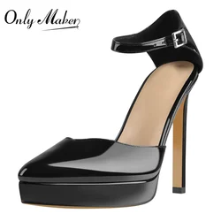 Onlymaker Women Black Pointed Toe Pumps Patent Leather Crocodile Print Platform Buckle Strap Thin High Heel  Big Size Heels