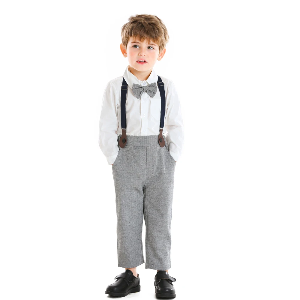 

Tem Doger 2020 Children's Clothing Boys Formal Gentleman Sets 2Pcs Long sleeve Bowtie Shirts + Suspenders Trousers Kids suits