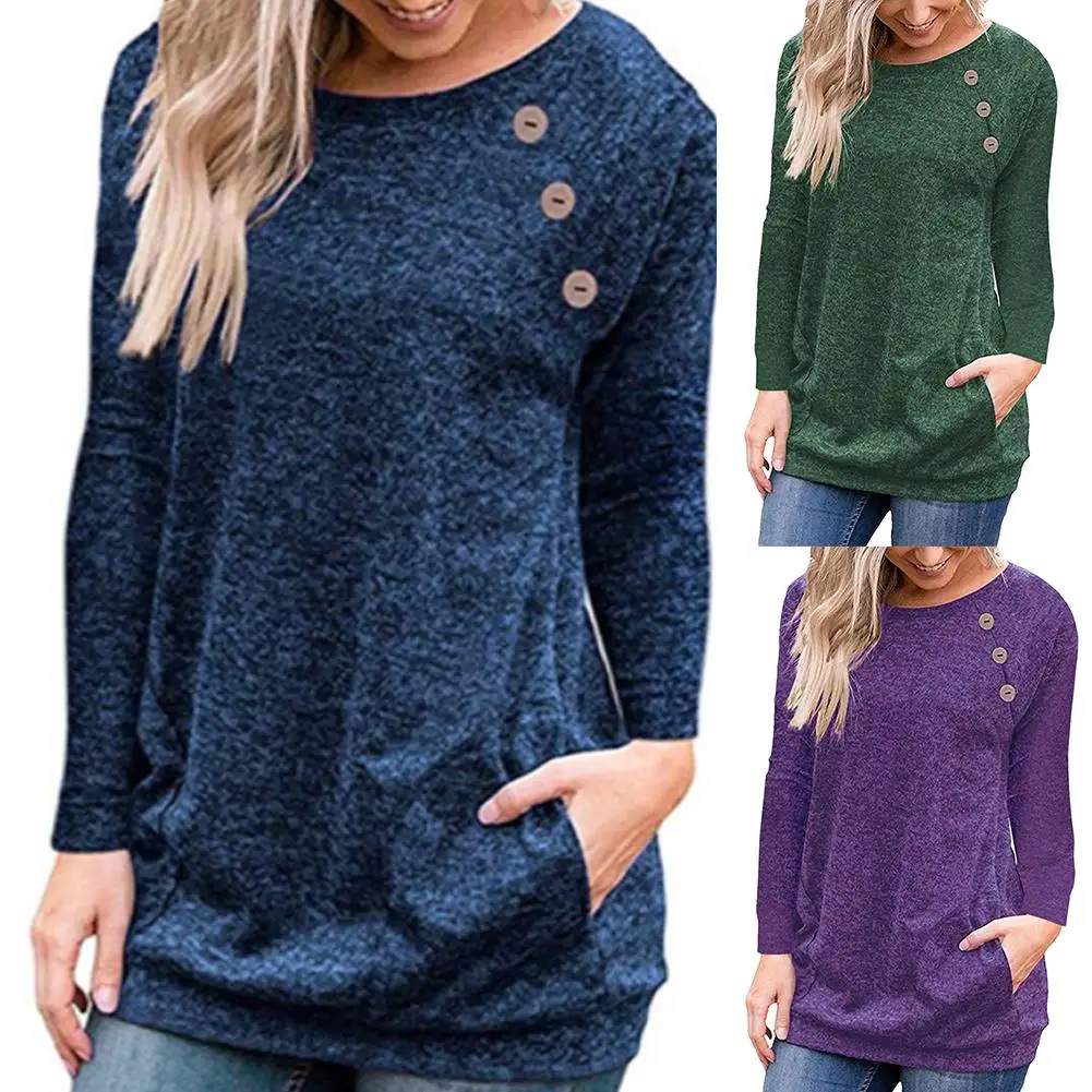 Autumn Women Sweater Tops Solid Color Long Sleeve Crew Neck Button Casual Pullover Blouse Female Clothing Ladies Loose Knitwear