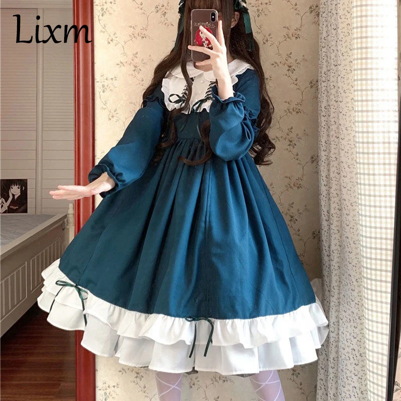 

Sweet Lolita Dress Vintage Printing Lace Angel Bowknot High Waist Victorian Dress Kawaii Girl Gothic Lolita OP Cosplay