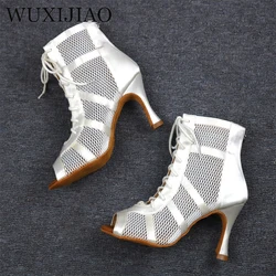 WUXIJIAO Ladies black mesh suede fashion cross strap sexy high heel sandals comfortable latin dance shoes salsa shoes