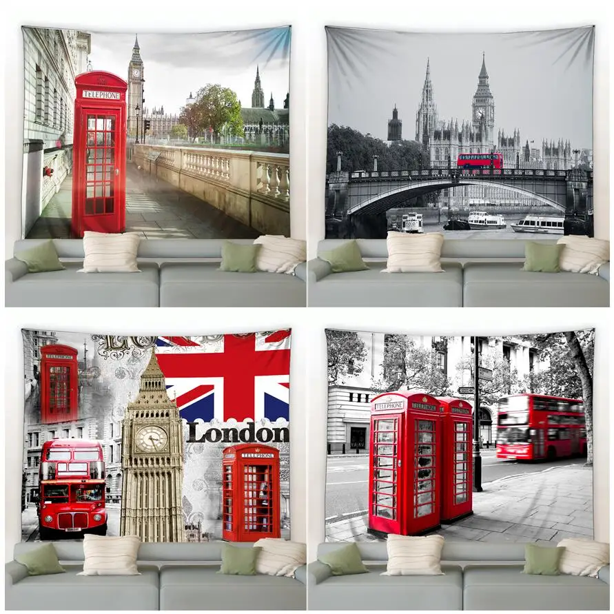 

London Red Telephone Booth Tapestry City Building Big Ben Bus Retro Tapestries Modern Home Living Room Dorm Wall Hanging Decor