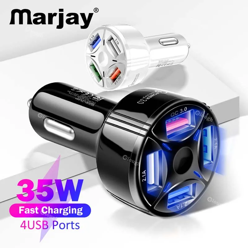 Marjay Car Charger 4 Ports USB 35W 7A Fast Charging Car Charger For iPhone 11 Xiaomi Huawei Mobile Phone QC 3.0 Charger For Cars