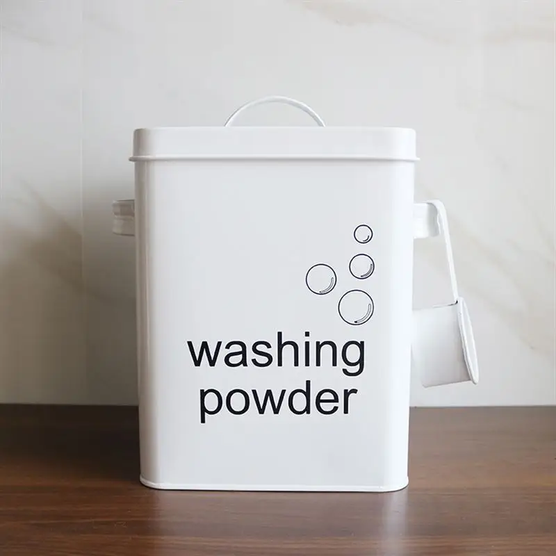 Kitchen Bathroom Storage Box 5L Washing Powder Box Grain Rice Organizer Container Laundry Powder Sealed Box with Spoon-White