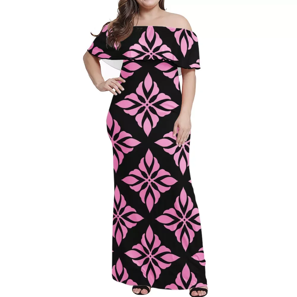 

Pink Women One-line Collar Loose Party Dress Custom Ladies Off Shoulder Maxi Gowns Polynesian Tribal Tattoo Female Dress