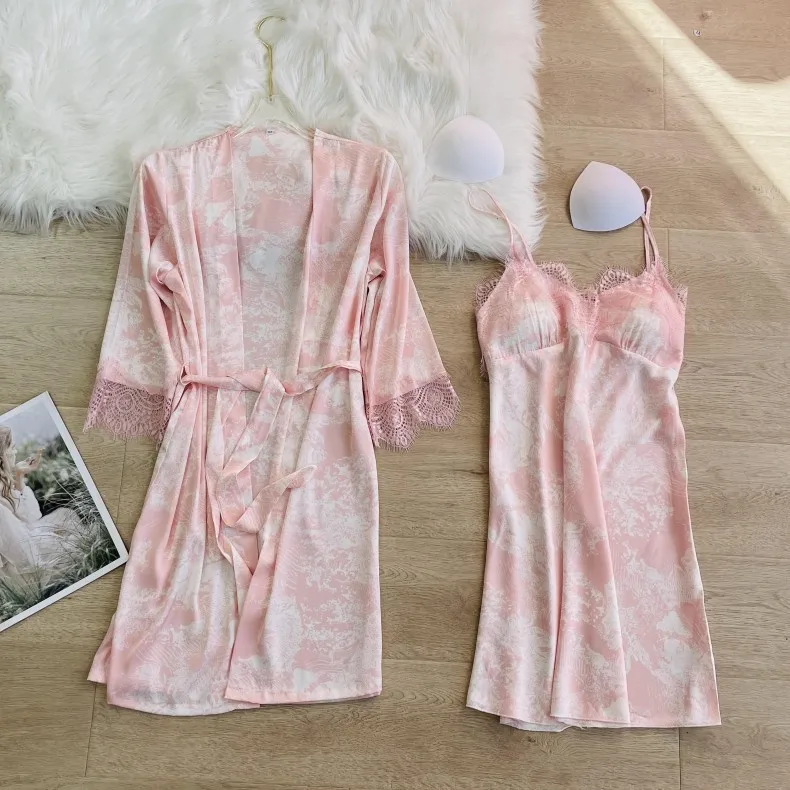 

2PCS Women Print Kimono Robe Sets Sexy Lace Bathrobe Nightdress Bride Dressing Gown Rayon Sleepwear Summer Lingerie Home Clothes