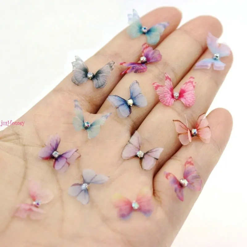 

100pcs Handmade Petite Organza Butterflies w/ Rhinestone Silk Butterflies for DIY Jewelry Making, Nail Art