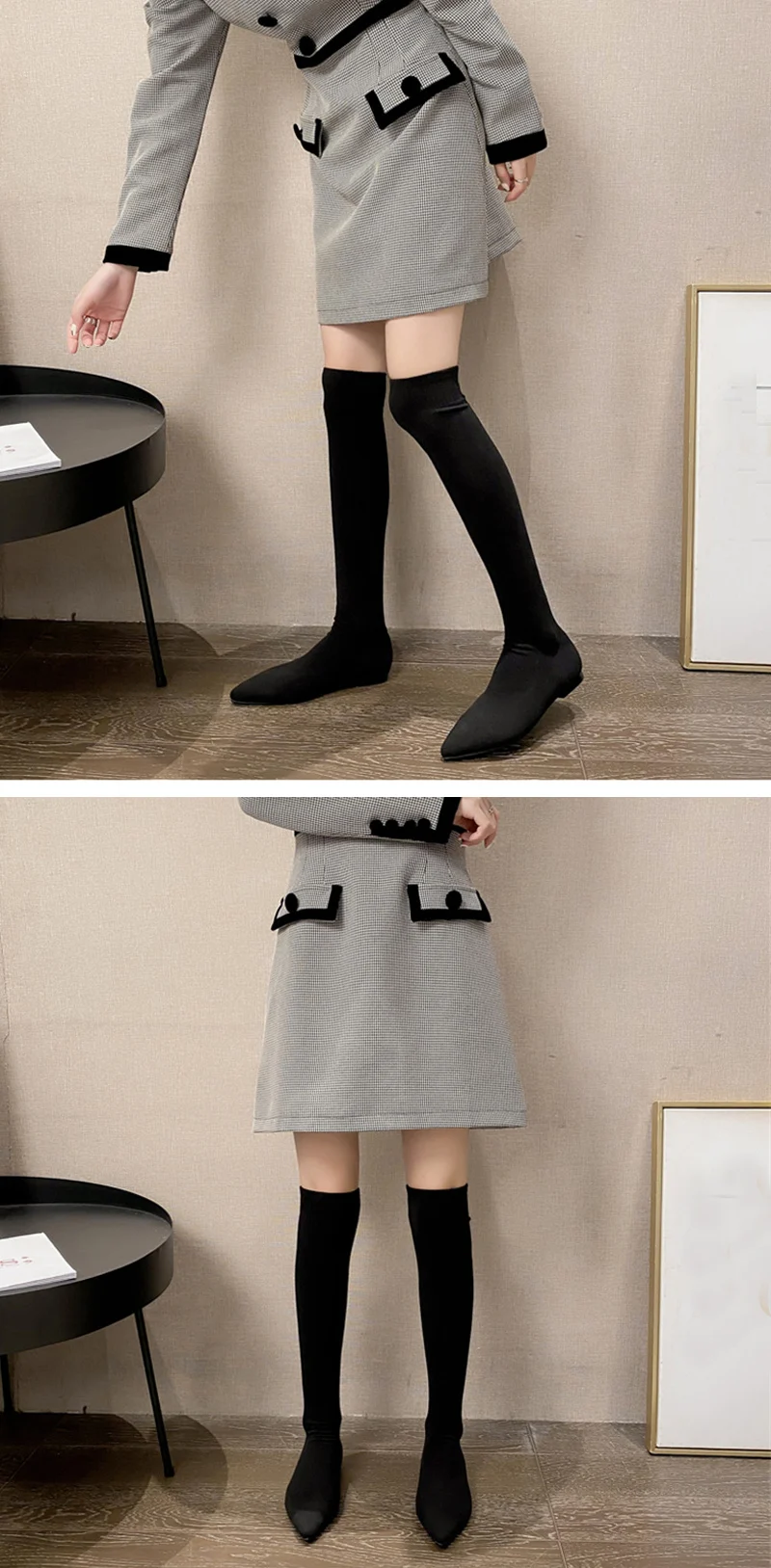 Size 34-40 Fashion Slim Leg Thigh High Sock Boots Women Black Stretch Fabric Pointed Toe Flat Heels Over The Knee Slip On Shoes
