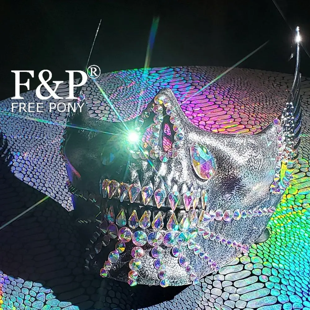 

Festival Holographic Rhinestone Skull Mask Drag Queen Costume Gogo Dancer Accessories