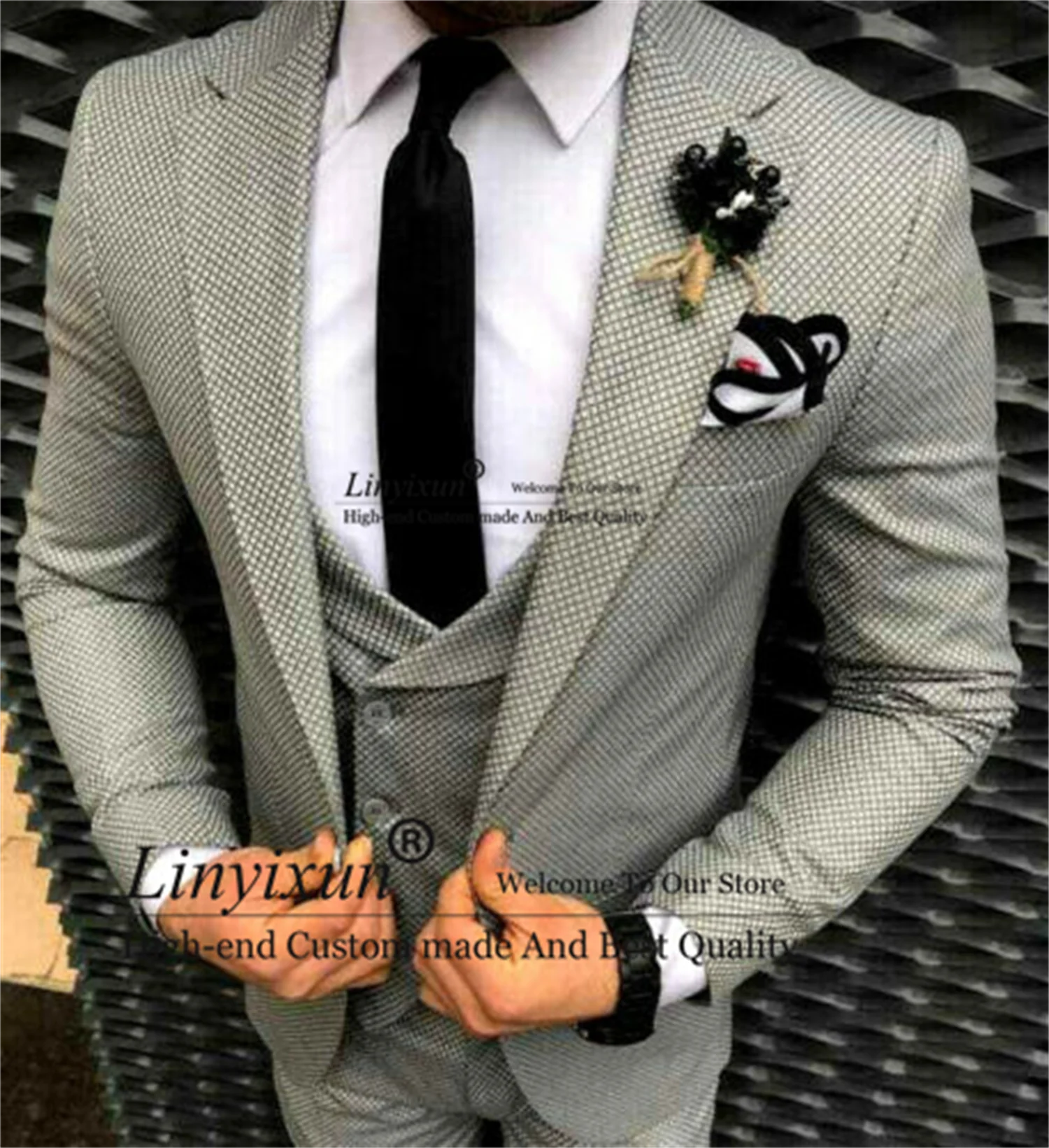 

Grey Tweed Plaid Mens Suits Slim Fit Groom Wedding Tuxedos 3 Pieces Jacket Vest Pants Sets Fashion Male Blazer Terno Masculino