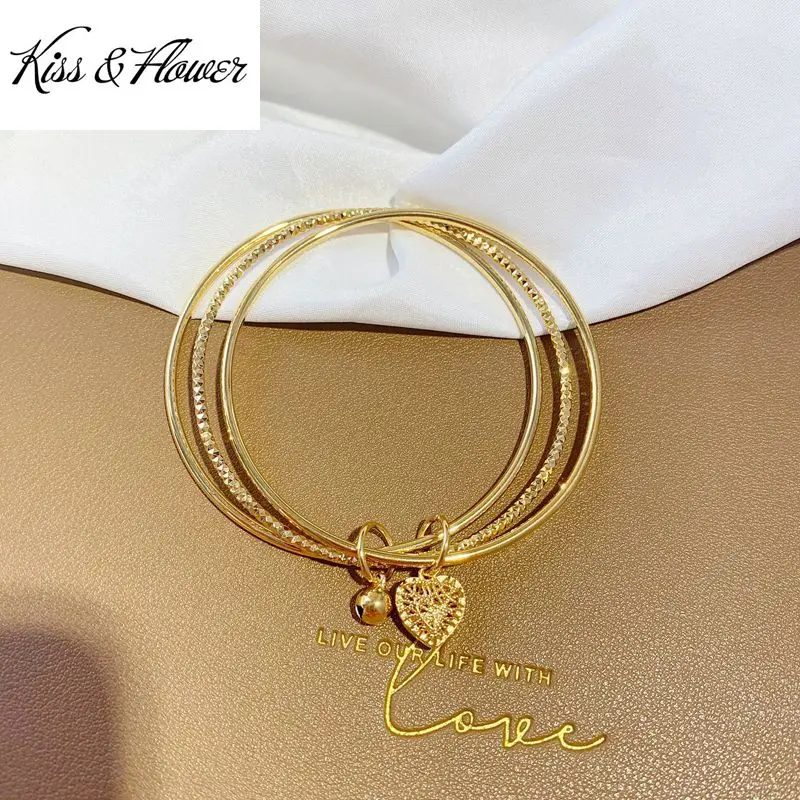 

KISS&FLOWER BR250 Fine Jewelry Wholesale Fashion Woman Bride Birthday Wedding Gift Vintage Heart Bells 24KT Gold Bracelet Bangle