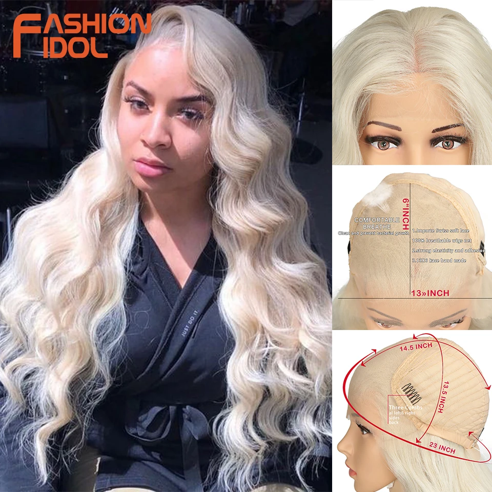 

FASHION IDOL 28 Inch Deep wave Lace Front Synthetic Wigs For Black Women Ombre 613# White Heat Resistant Long Wavy Cosplay Wigs