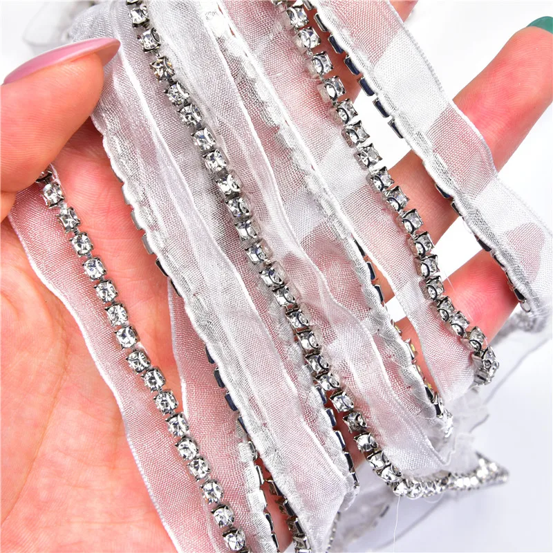 2 metr Rhinestone wykończenia łańcuch pazur koronki siatki kryształowy diament taśmy wstążka do ubrania Diy zdobienie Shoelace torby akcesoria