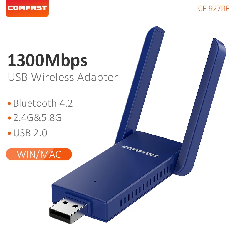 

USB Wi-Fi адаптер с антенной 2,4 + 5,8 ГГц, 1300 Мбит/с