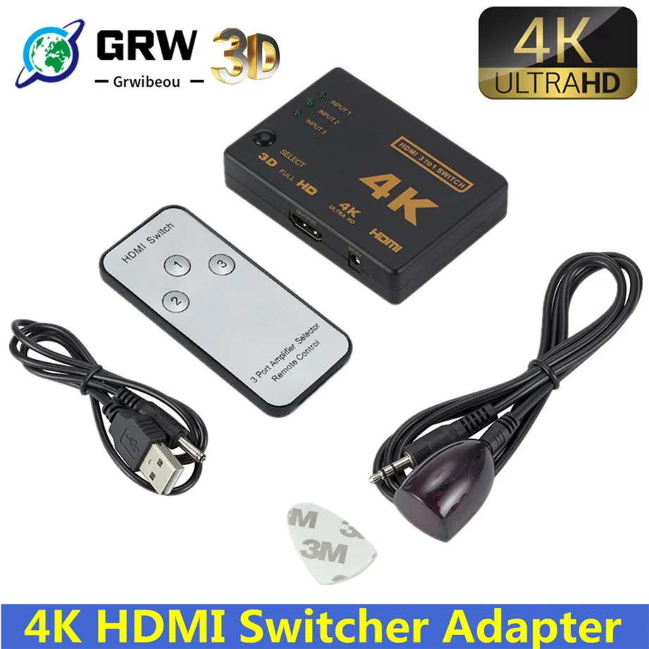 Mini conmutador compatible con HDMI, 4K x 2K, 3D, 3 puertos, 1.4b, 4K, divisor de conmutador, 1080P, 3 en 1, Hub de puerto de salida para DVD, HDTV,