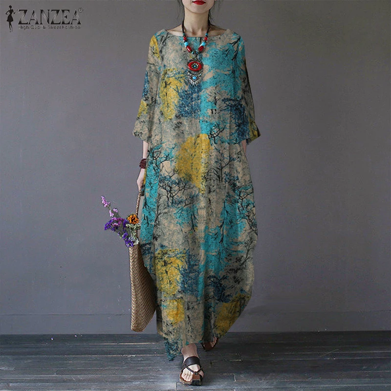 Vintage Women Sundress ZANZEA Casual Long Sleeve Printed Maxi Long Dress Kaftan Female Baggy Floral Vestidos  Dresses