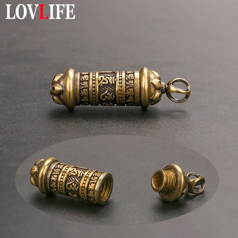 Brass Mantra Buddhist Bottle Pendant for Keychains Handmade Vintage Copper Car Key Chain Hangings Keyrings Jewelry Can be Opened