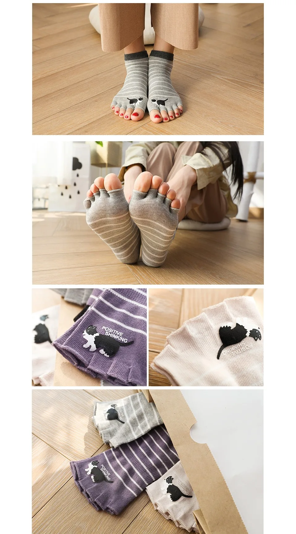 Frühling Herbst Fünf Finger Socken Frauen Mädchen Nette Katze Druck Offene Zehen Gestreiften Weben Ohne Knochen Knöchel No Show Socken EU 35-39 – Detail 8