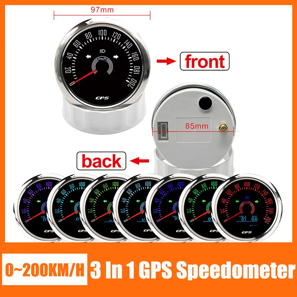 

200 km/h GPS Speedometer Speed Gauge Meter With Antena COG TRIP Total mileage 7 colors Backlight 85MM Holder for Car Motorcycle