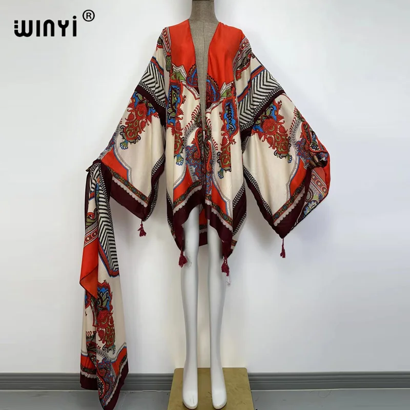 WINYI 2021 ameryka wiosna kobiety Cardigan stitch szata koktajl sexy Boho Maxi afryki wakacje rękaw w kształcie skrzydła nietoperza jedwabny szlafrok