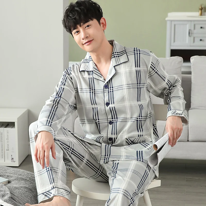 Ensemble de pyjama en coton à manches longues pour hommes, vêtements de nuit College pour hommes, vêtements de nuit à col imbibé, vêtements de nuit