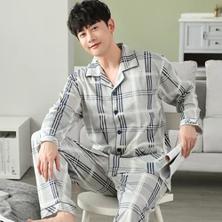 Men Pyjama Set Full Cotton Spring Long Sleeve Print Men Pajama Suit Autumn Nightwear Collar Pijama Male Sleepwear Two Piece 4XL