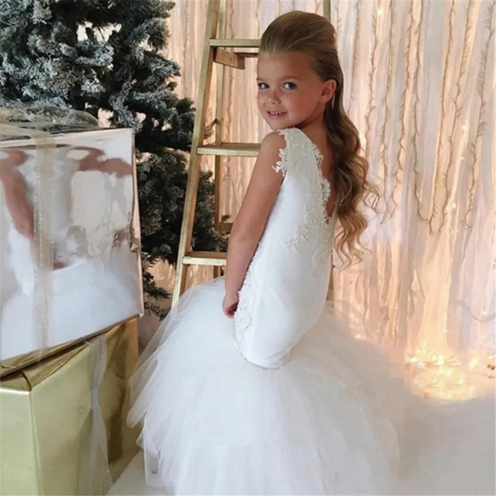 New White Mermaid Flower Girl Dresses for Weddings White Lace Up Back Little Girls Pageant Gowns for Special Occasion