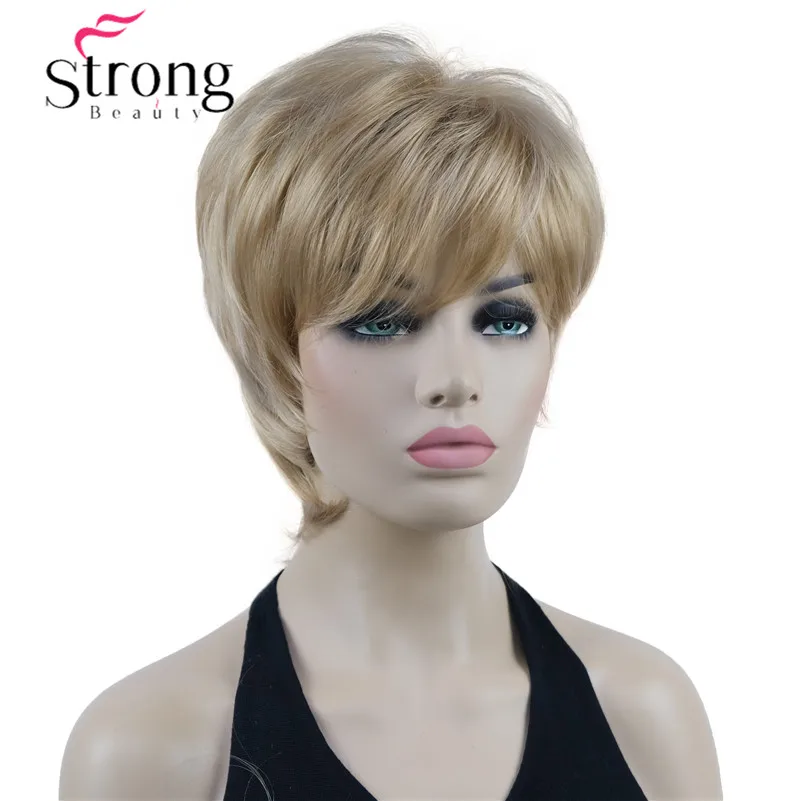 StrongBeauty peluca corta de capas rubia resaltada Shag gorra clásica peluca sintética completa pelucas de mujer opciones de color