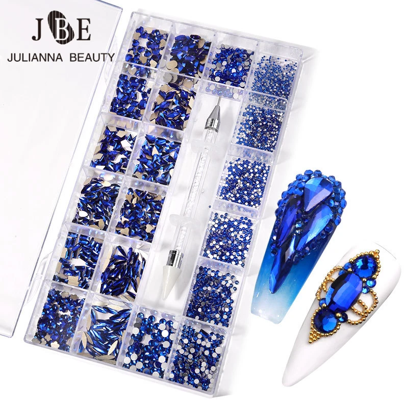 

Blue Nail Art Rhinestones Kit Acrylic Boxed 21 Grids Mixed Size Set 1pc Pick Up Pen Large Crystal Decorations 3D AB Flat Gem