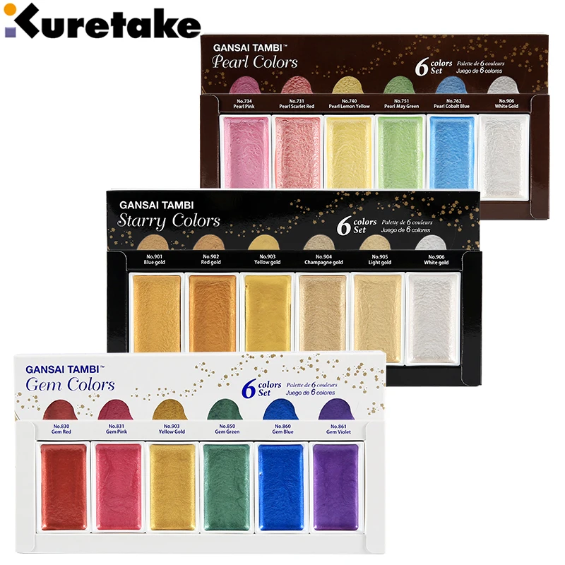 Japan ZIG Kuretake GANSAI TAMBI Starry/Pearl/Gem/Opal Watercolor Metallic Gold Paints 6 Colors Set Painting Supplies