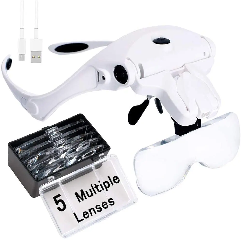 Szkło powiększające z opaską na głowę, lupa z ładowaniem USB i oświetleniem LED Biżuteria Zegarek Hobby 5 soczewek 1.0X 1.5X 2.0X 2.5X 3.5