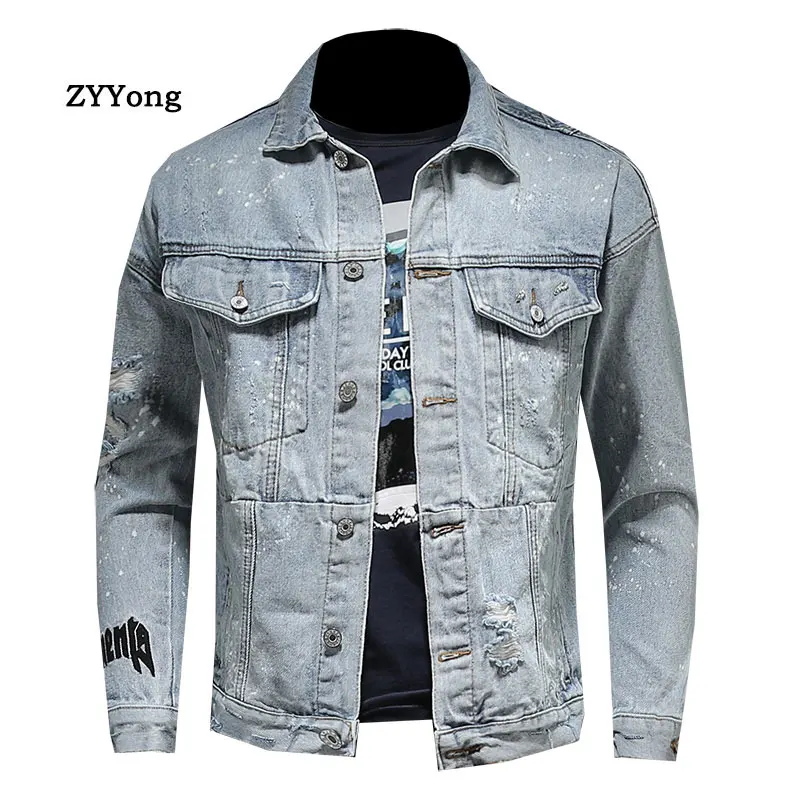 ZYYong Letter Embroidery Men Denim Jacket Lapel Slim Men Hole Denim Jacket Fashion Casual Motorcycle Light Blue Denim Jacket Men