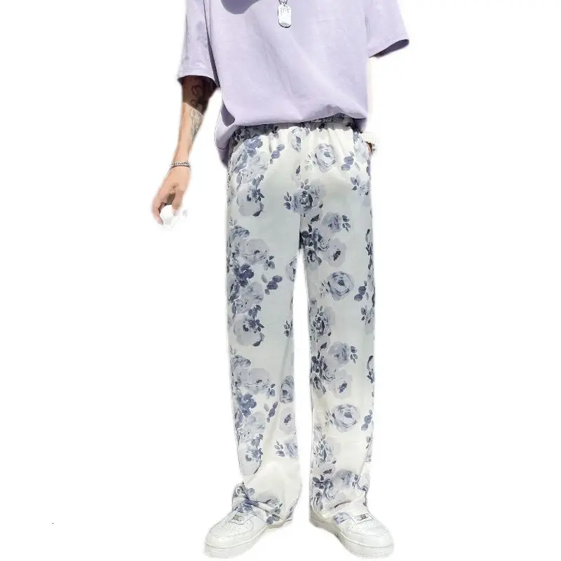 Spring Summer Flower Pants Men's Fashion Printed Casual Pants Men Streetwear Loose Hip-hop Straight Wide-leg Pants Mens Trousers images - 6