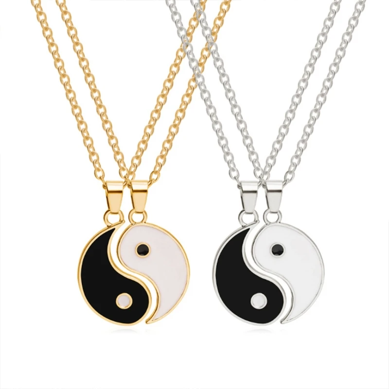 2 Pieces Yin Yang Pendant Necklace for Men Women Alloy Tai Chi Stitching Necklace Puzzle Couples Matching Necklace