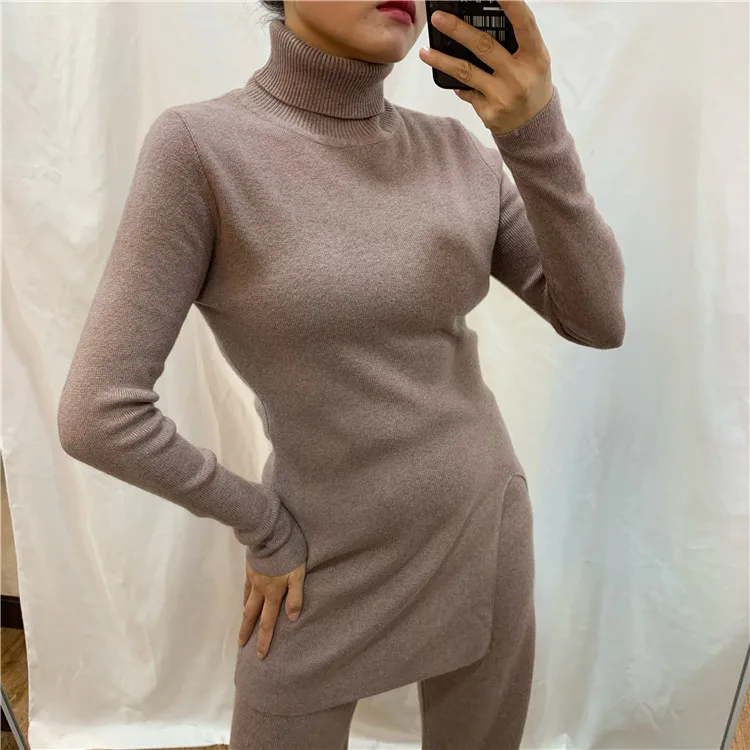 Luxury Two Pieces 45% Cashmere + 30% Wool Suits Female Turtleneck Warm Mink Cashmere Knit Tops +  Wide Leg Wool Pant Sets F2494