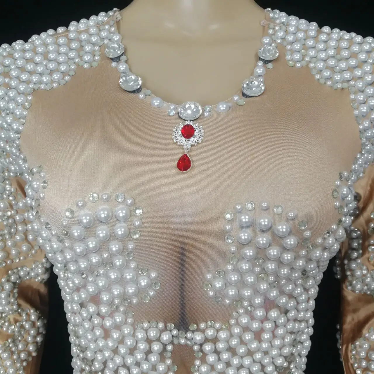 Abito da sera da donna con strass bianco perla, bar, cantante, ospite, spettacolo teatrale, costume, compleanno, ballo di fine anno, abito di media lunghezza