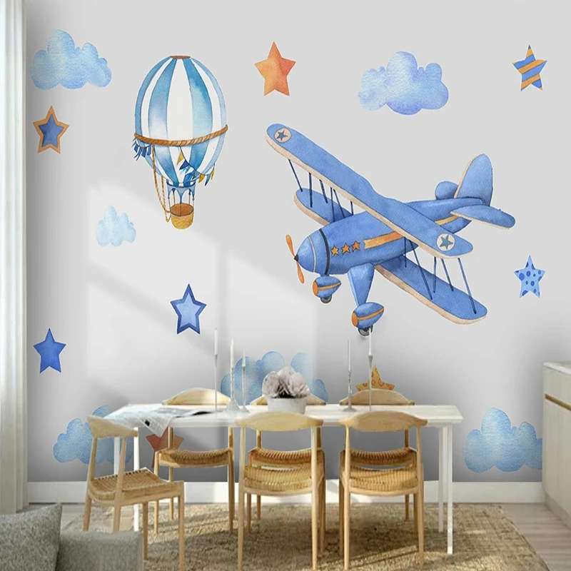 

Custom Wall Mural 3D Hand-painted Cartoon Hot Air Balloon Airplane Children Kids Room Background Photo Paper Papel De Parede