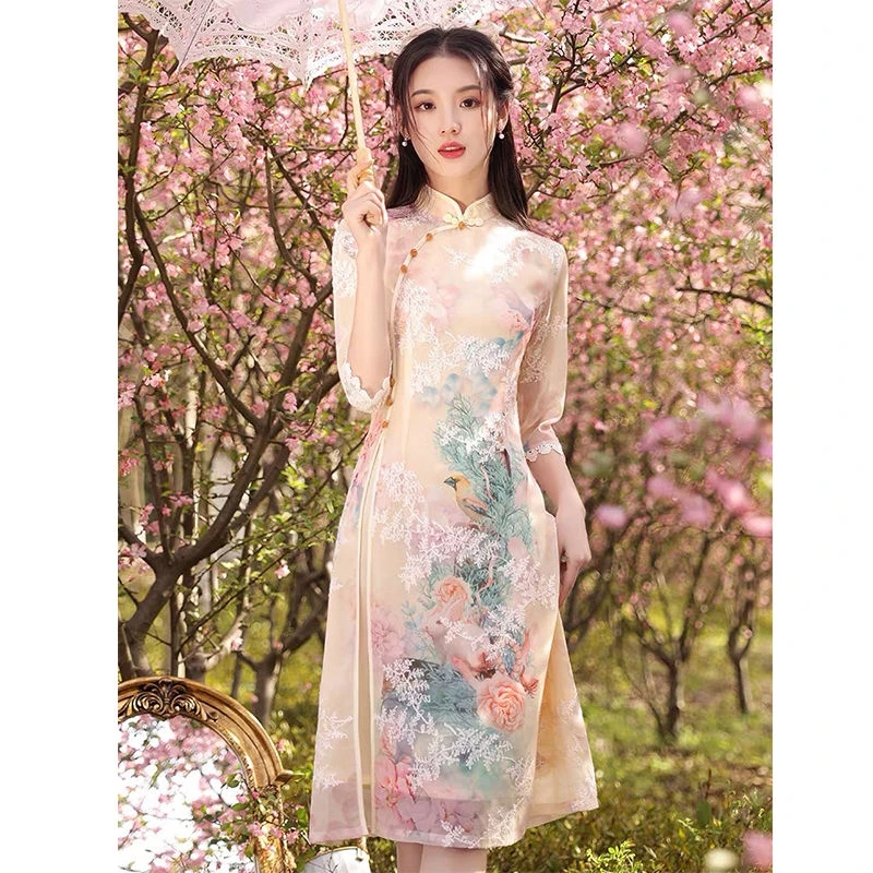 Phương Đông Áo Người Phụ Nữ Thanh Lịch Trung Quốc Qipao Sườn Xám Châu Á Đầm Hiện Đại Năm 2022 Truyền Thống Đầm Ren Hoa Vintage Đảng