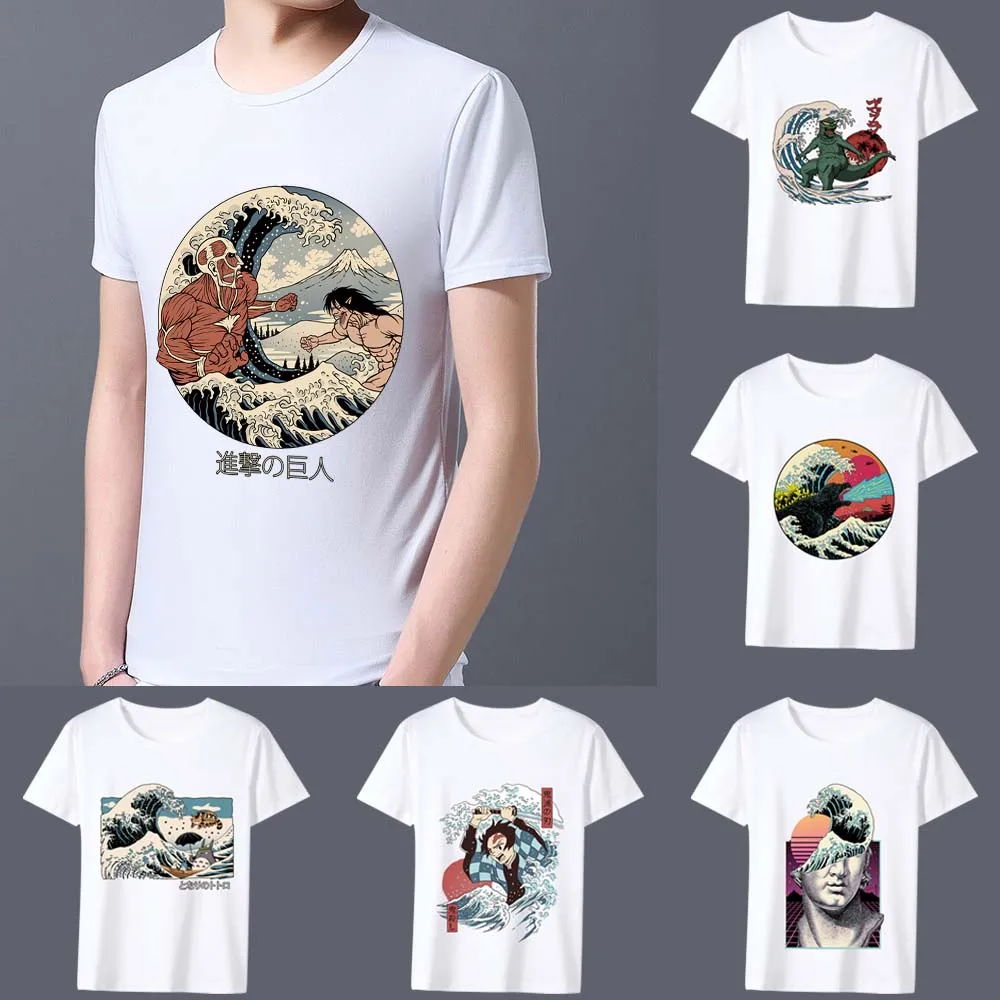 Men's Printing T-shirts Fashion Street Style Wave Pattern Series Tee Shirt Summer Harajuku White Male Short-sleeved Tops Clothes