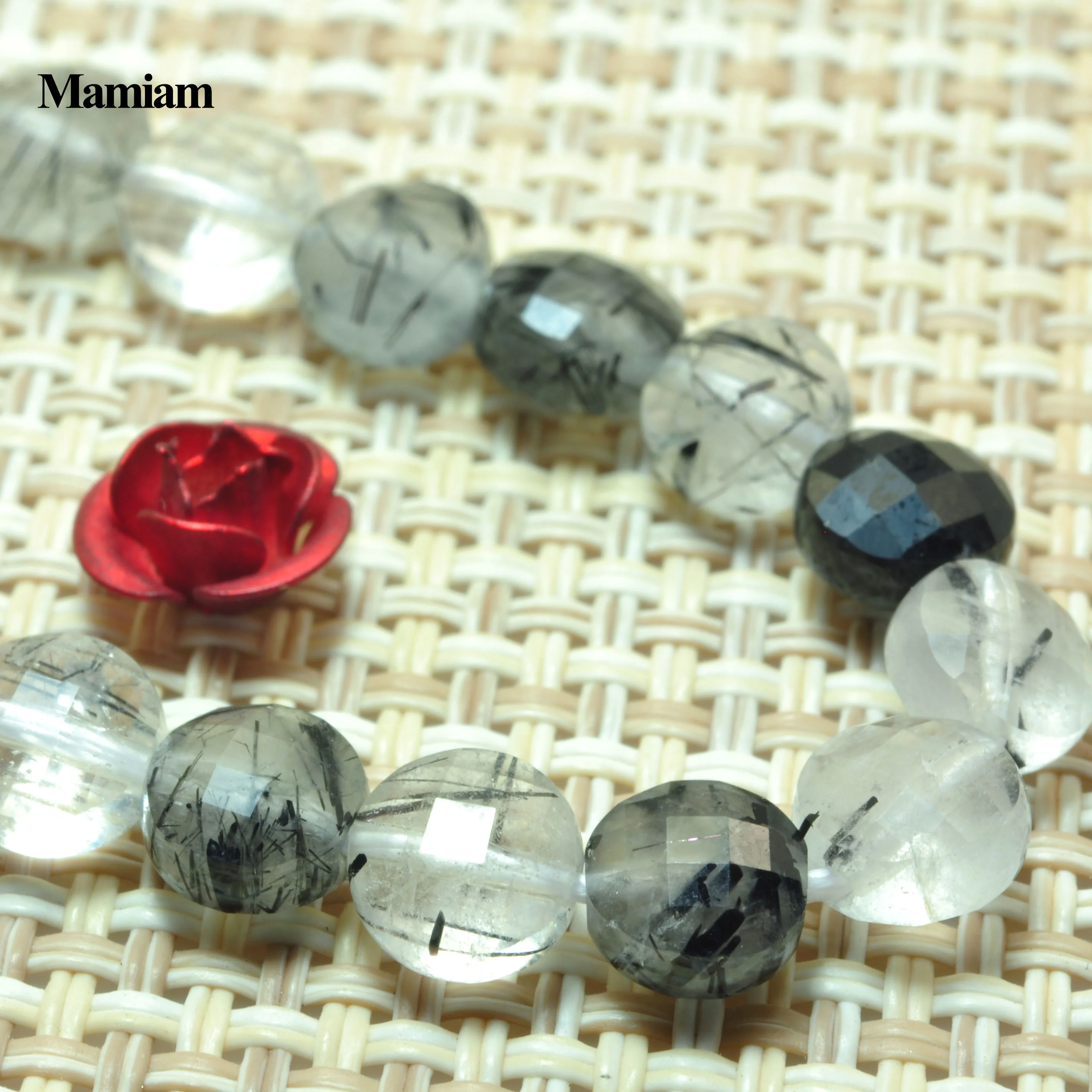 Mamiam Natural Black Rutilated Quartz Faceted Flat Stone Smooth Round Beads 4mm 6mm DIY Bracelet Necklace Jewelry Making Design