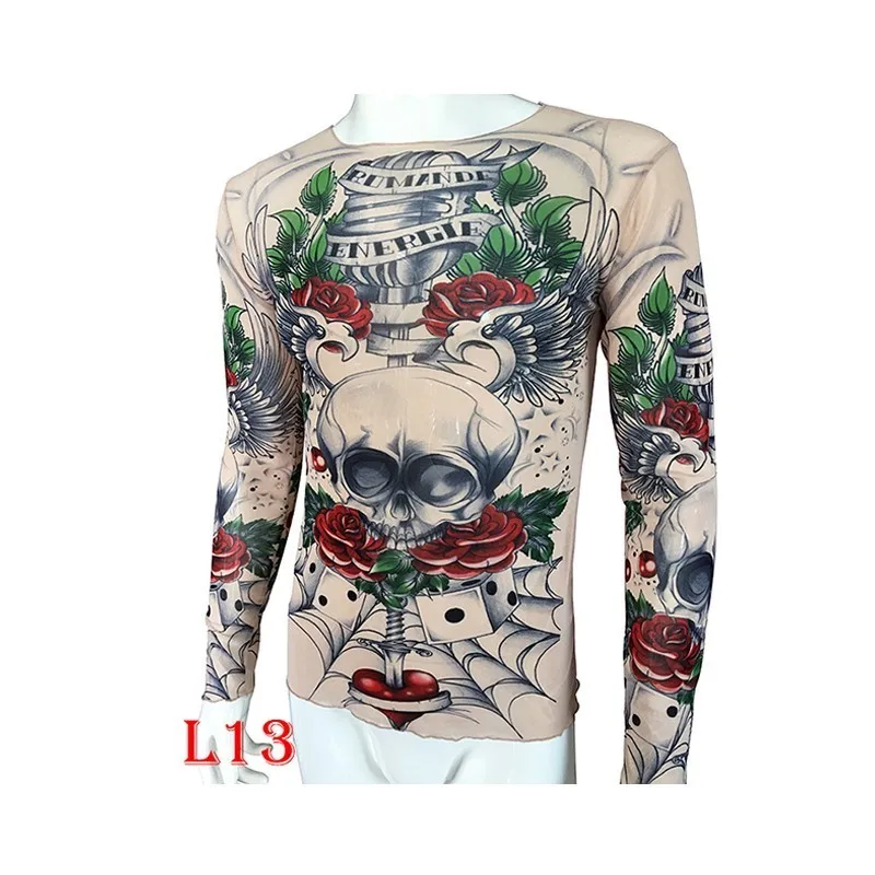 Fashion Men\'s Fake Tattoo T-shirts Long Sleeve Elastic Modal Thin All Over Print O-Neck Tattoo Shirts Women Halloween Clothing